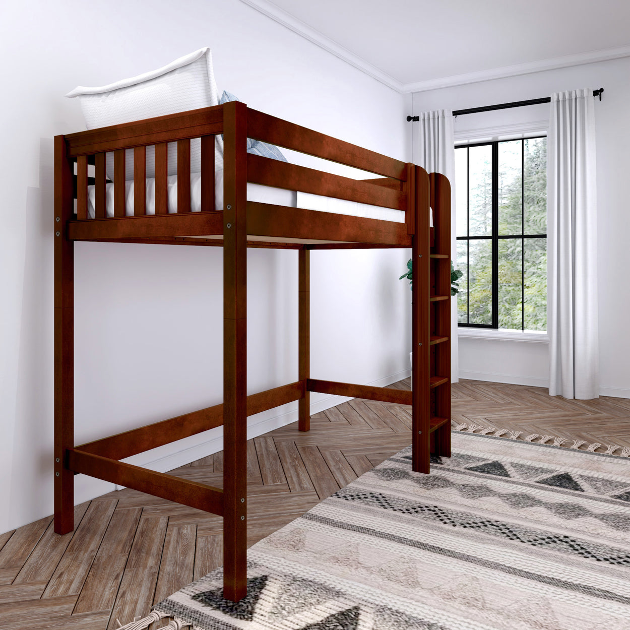 Wooden loft bed with ladder in a modern bedroom.