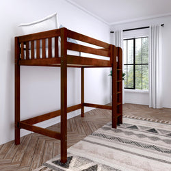 Wooden loft bed with ladder in a modern bedroom.