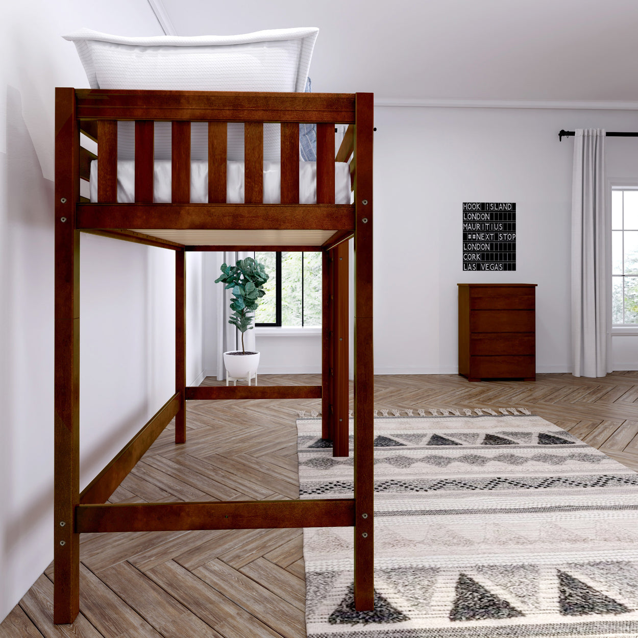 Lofted wooden bed frame in modern bedroom with geometric rug and minimalist decor.