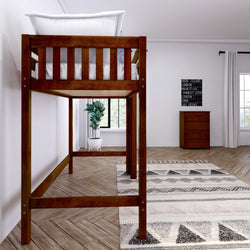 Lofted wooden bed frame in modern bedroom with geometric rug and minimalist decor.