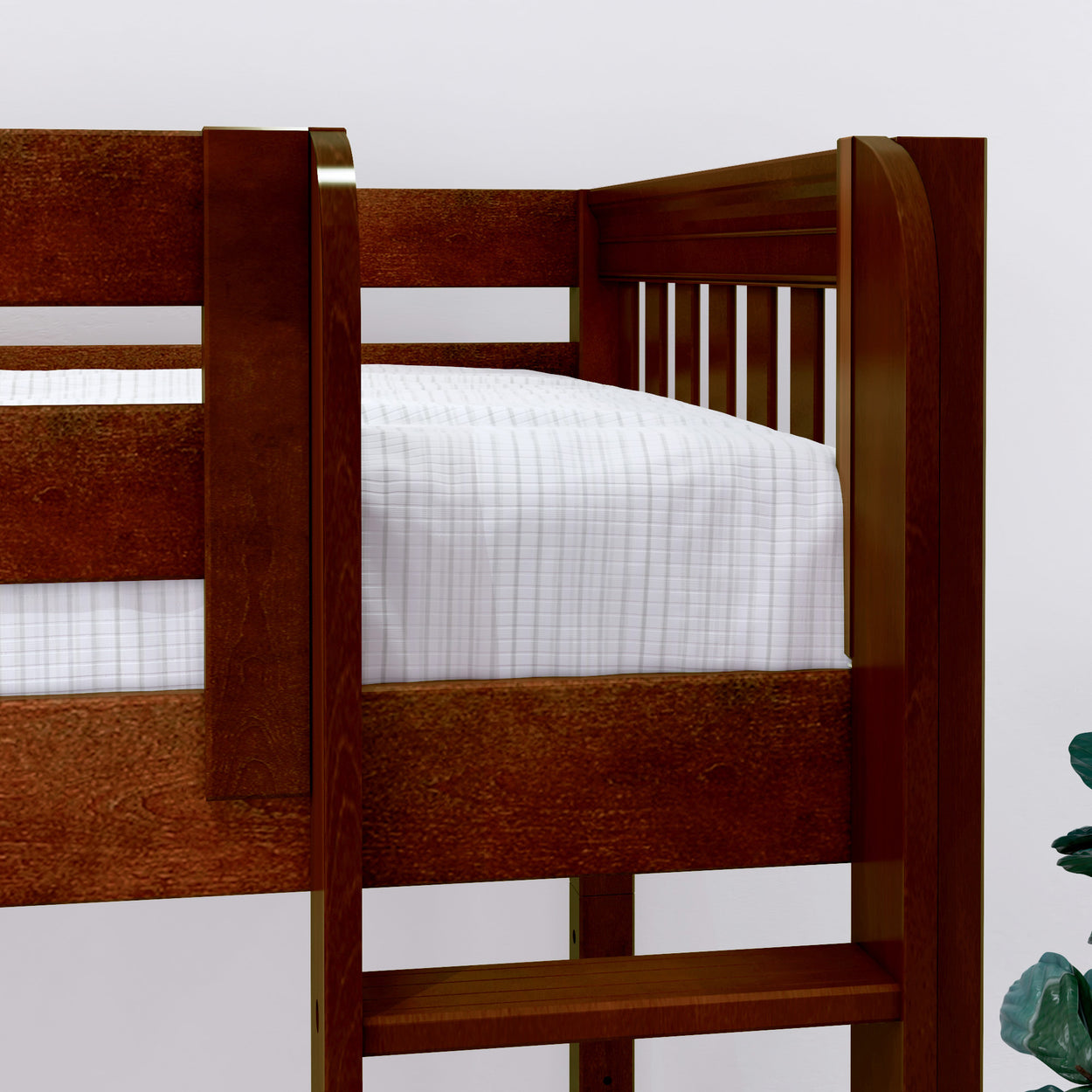 Wooden bunk bed with white checkered bedding and a potted plant nearby.