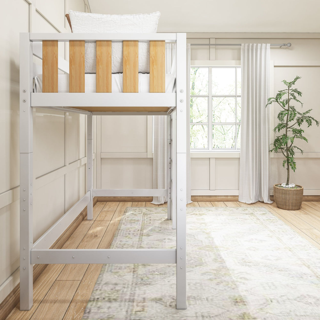 Loft bed with wooden accents in a bright minimalist bedroom featuring a large window and potted plant.