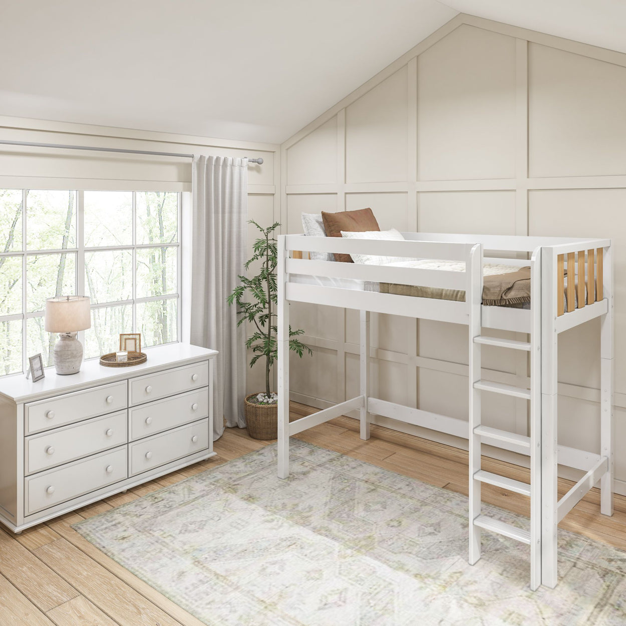 Modern loft bed with white dresser in cozy, well-lit bedroom setting featuring a large window and elegant wooden flooring.