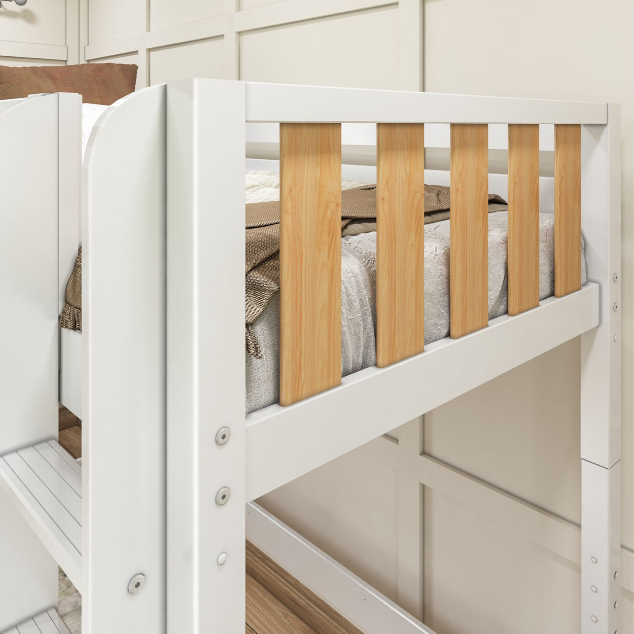 White wooden bunk bed with natural wood slats against a beige wall in a cozy bedroom setting.