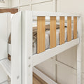 Close-up of white wooden bunk bed guardrail with vertical natural wood slats, modern farmhouse kids bunk bed with neutral bedding