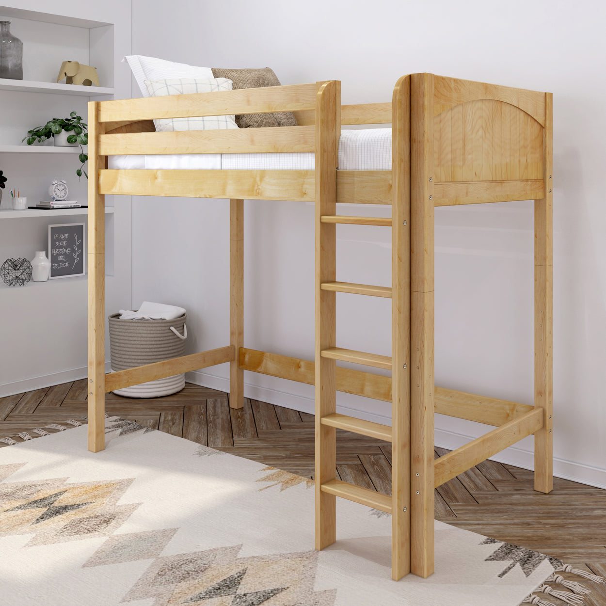 Wooden loft bed with ladder in modern bedroom setting.