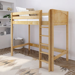Wooden loft bed with ladder in modern bedroom setting.