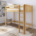 Light wood kids loft bed with ladder, white bedding and pillows in a modern bedroom with decorative shelves, potted plant and woven storage basket