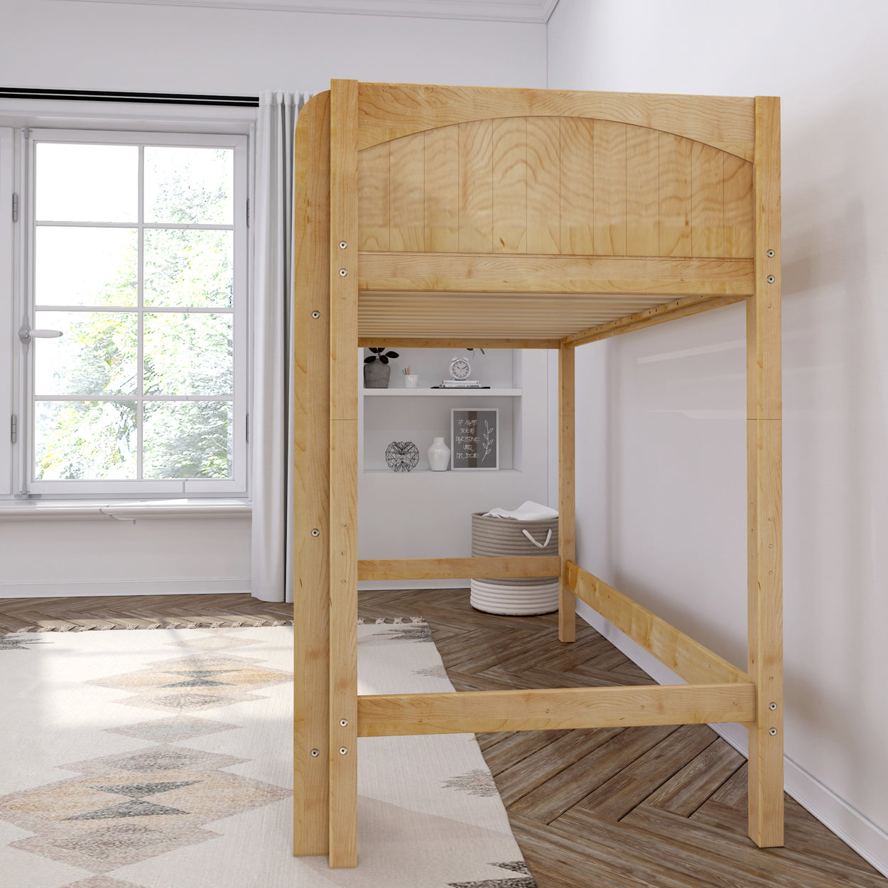 Wooden loft bed in a bright, modern bedroom with parquet flooring and window view.