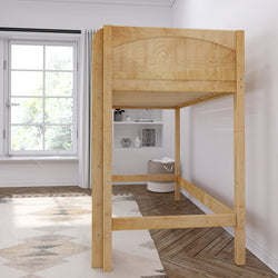 Wooden loft bed in a bright, modern bedroom with parquet flooring and window view.