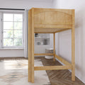 Light wood loft bed frame in a bright modern kids bedroom with large window, white curtains, built-in shelves and woven storage basket