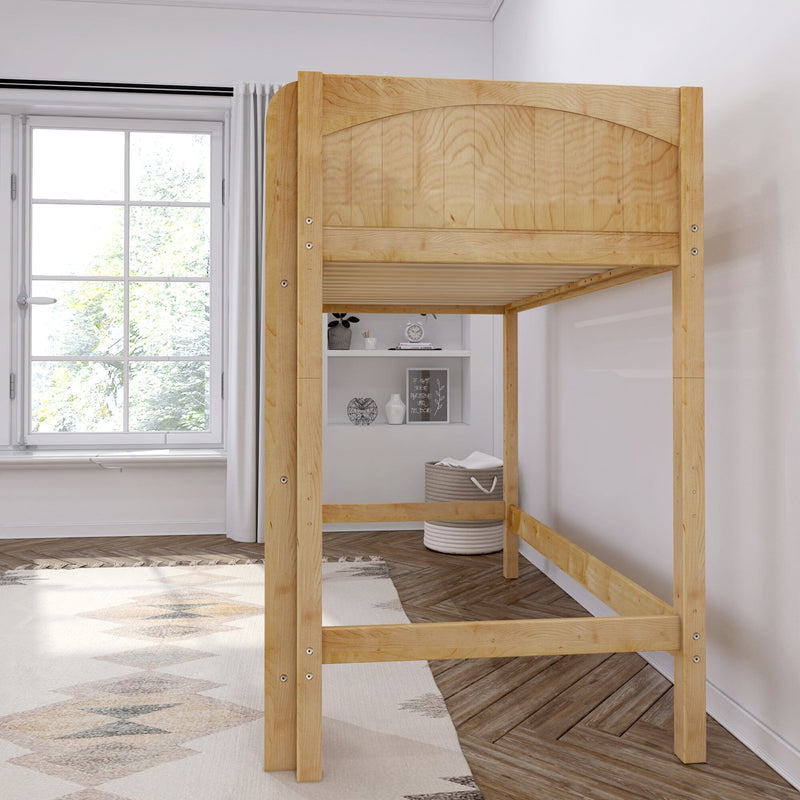 Light wood loft bed frame in a bright modern kids bedroom with large window, white curtains, built-in shelves and woven storage basket