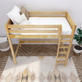 Natural pine loft bed with ladder, white quilted bedding and neutral throw pillows in a Scandinavian-style kids' bedroom with geometric rug and potted plant