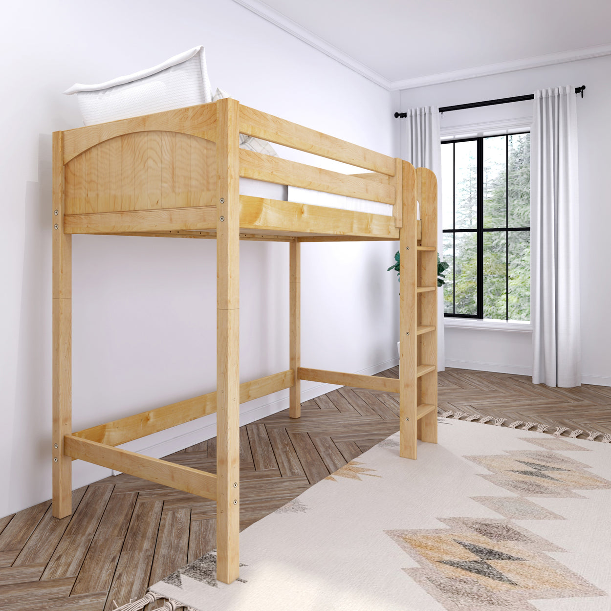 Natural wood loft bed with ladder in a modern bedroom setting, featuring large windows and patterned rug.