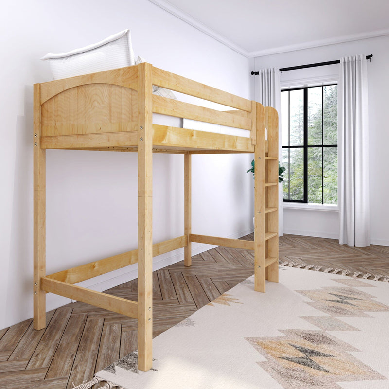 Natural wood loft bed with ladder in a bright modern kids' bedroom, space‑saving design with white curtains and herringbone wood floor