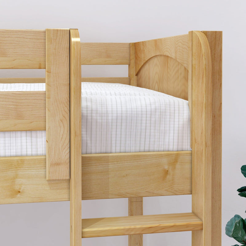 Close-up of solid wood bunk bed frame in natural pine finish showing headboard, guardrail and ladder details with white striped bedding, farmhouse-style kids bunk bed