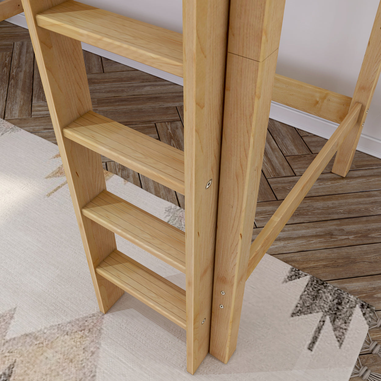 Wooden loft bed ladder with steps on a hardwood floor and decorative rug background.