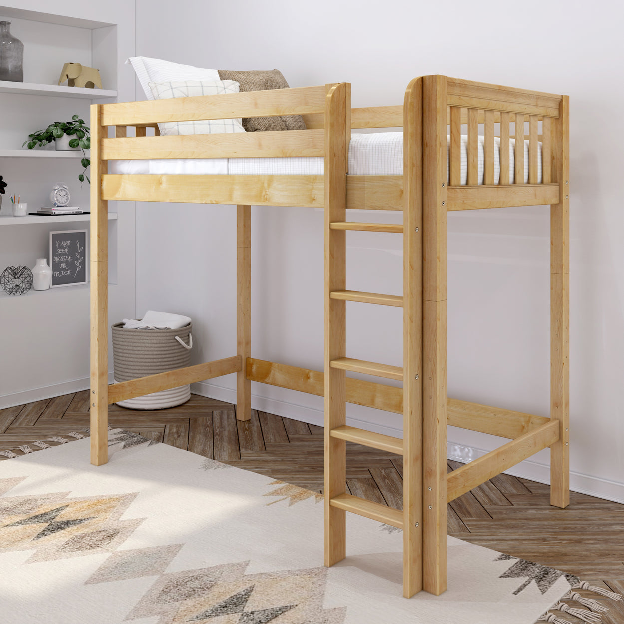 Wooden loft bed in modern bedroom with cozy decor and storage solutions.