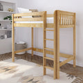 Solid pine twin loft bed with ladder and safety guardrails in a modern kids' bedroom, styled with neutral pillows, woven rug and shelving