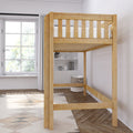 Natural wood loft bed frame with top mattress and built-in shelving in a bright Scandinavian-style kids bedroom by a window
