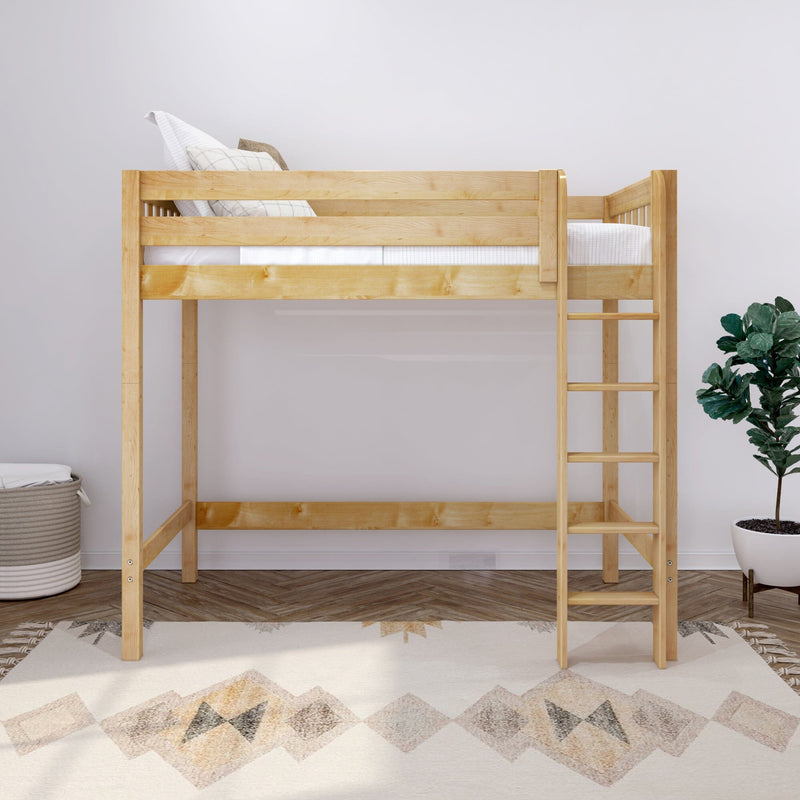 Natural maple loft bed with ladder, white bedding and pillows in a minimal kids' bedroom with potted plant and geometric rug
