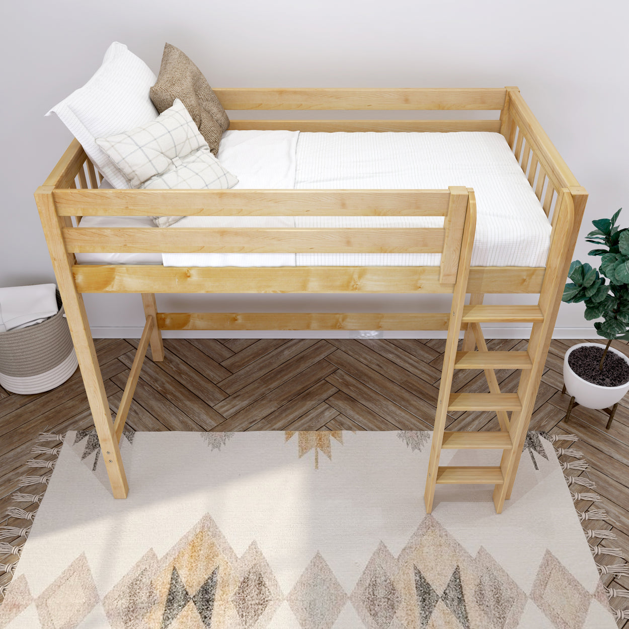 Wooden loft bed with ladder and cozy bedding in modern bedroom setting.