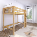 Natural wooden loft bed with ladder and white bedding in a bright minimalist kids' bedroom by a large window — space‑saving twin bunk bed and hardwood floor