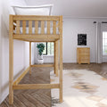 Natural wood loft bed in modern minimalist bedroom with white bedding, potted plant, wooden dresser and herringbone floor