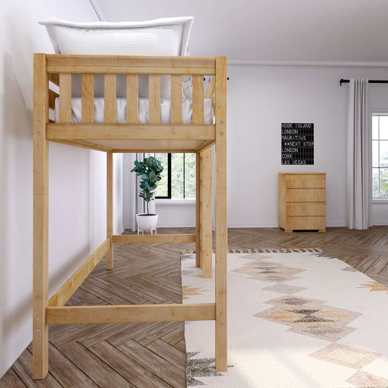 Natural wood loft bed in modern minimalist bedroom with white bedding, potted plant, wooden dresser and herringbone floor