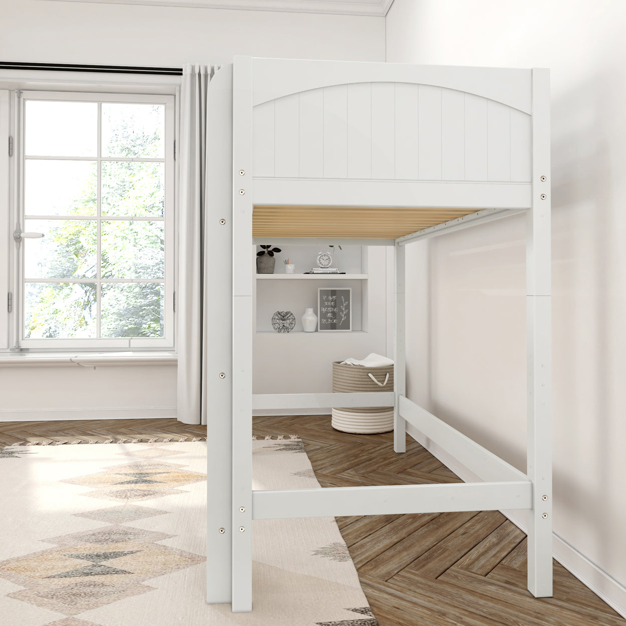 White modern loft bed frame in bright minimalist bedroom with wooden floors and large window.