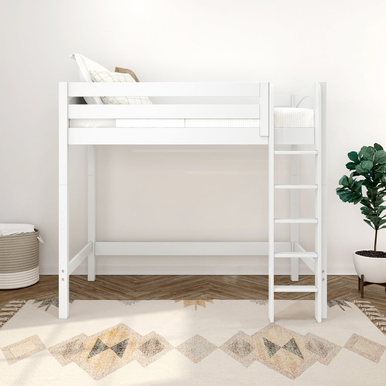 White loft bed with ladder in a minimalist bedroom featuring a patterned rug and green plant.