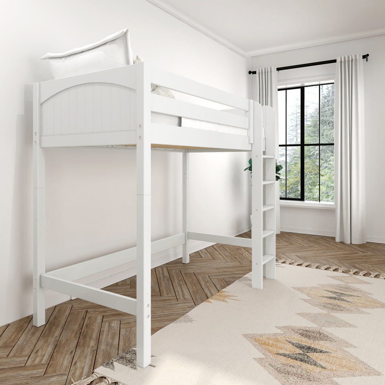 White wooden loft bed in modern bedroom with large window and geometric rug.