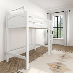 White wooden loft bed in modern bedroom with large window and geometric rug.