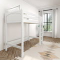 White wooden loft bed with built-in ladder in a bright modern bedroom, white bedding and curtains, black-framed window and herringbone wood floor