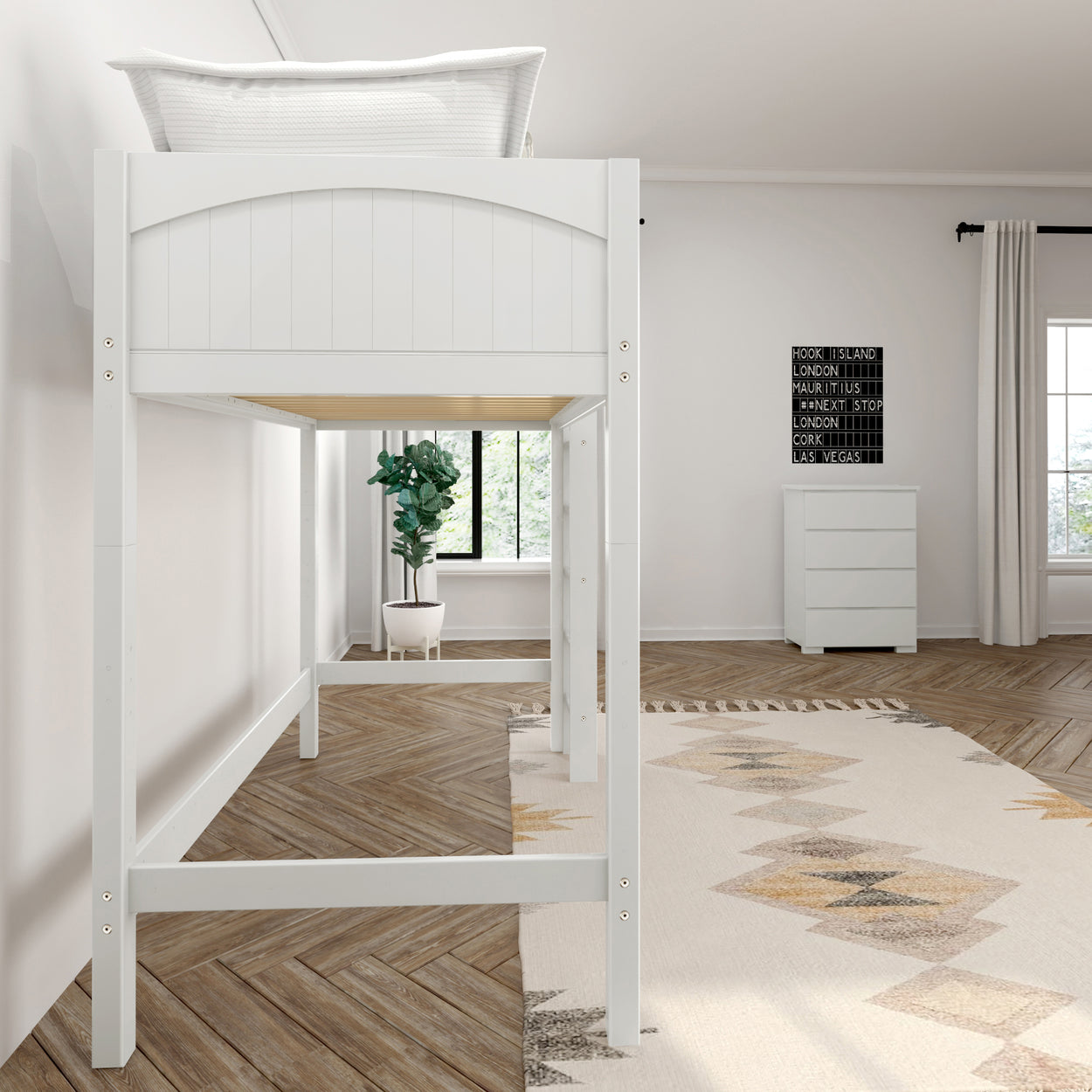 White loft bed in a modern bedroom with herringbone wood floor and indoor plant.