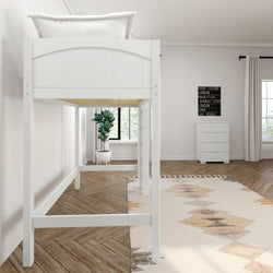 White loft bed in a modern bedroom with herringbone wood floor and indoor plant.
