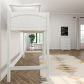 White loft bed and bunk-style frame in a minimalist children's bedroom with herringbone hardwood floors, beige geometric area rug, white dresser, potted plant and abundant natural light