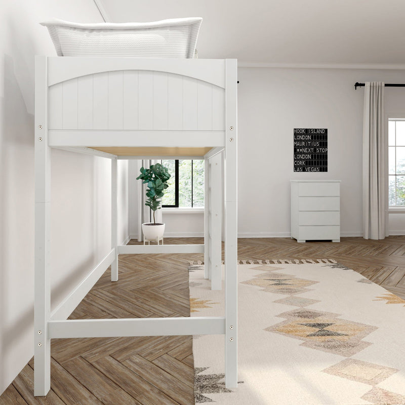 White loft bed and bunk-style frame in a minimalist children's bedroom with herringbone hardwood floors, beige geometric area rug, white dresser, potted plant and abundant natural light