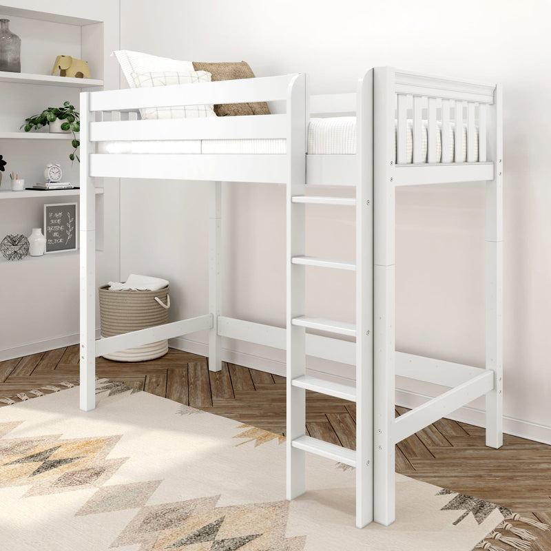 White wooden loft bed with ladder in modern kids' bedroom, twin space-saving bunk bed with neutral bedding, decorative pillows, woven storage basket, shelves and plant
