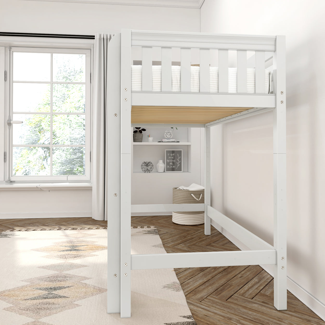 White loft bed in a modern, minimalistic bedroom with natural light and wooden flooring.