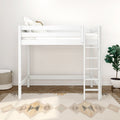 White wooden loft bed with ladder in minimalist kids' bedroom, neutral striped pillows, woven storage basket, fiddle-leaf fig plant and patterned area rug on herringbone wood floor