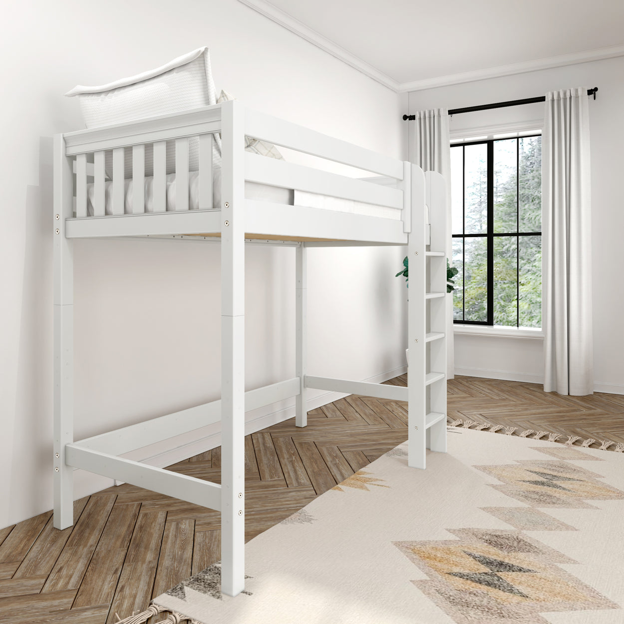 Loft bed with white frame in a bright bedroom with wood flooring and a large window.