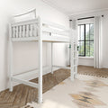 White twin loft bed with built-in ladder in a bright modern bedroom with white curtains, black-framed window and herringbone wood floor