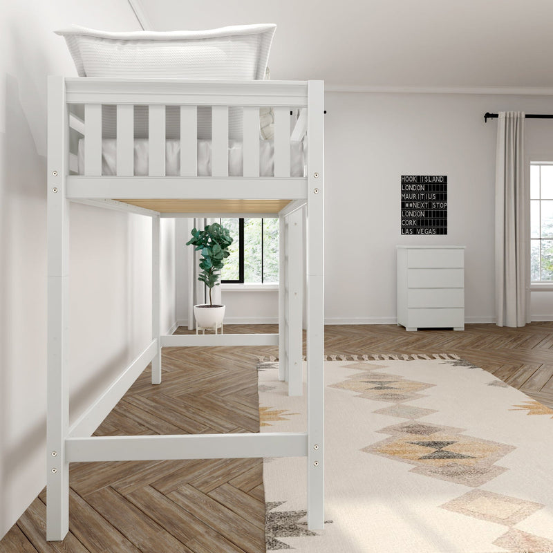 White loft bed in a modern minimalist bedroom with white bedding, potted plant, white dresser, neutral curtains, herringbone hardwood floor and geometric rug