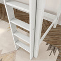 Close-up of white wooden folding ladder with slatted steps and metal fasteners on herringbone parquet floor, modern farmhouse interior shelving and decor