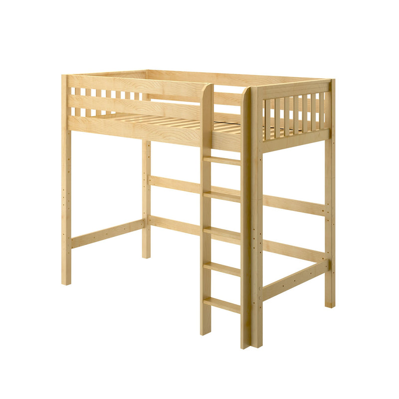 Natural pine wooden loft bed frame with ladder, slatted mattress support and safety guardrails