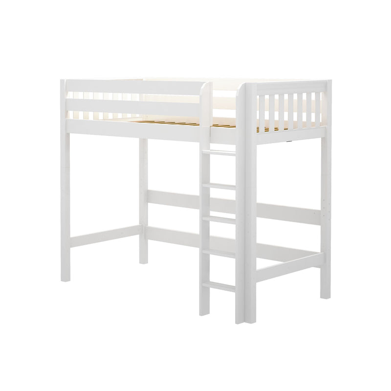 White wooden loft bed with ladder and safety rails, space‑saving twin loft for kids' bedroom