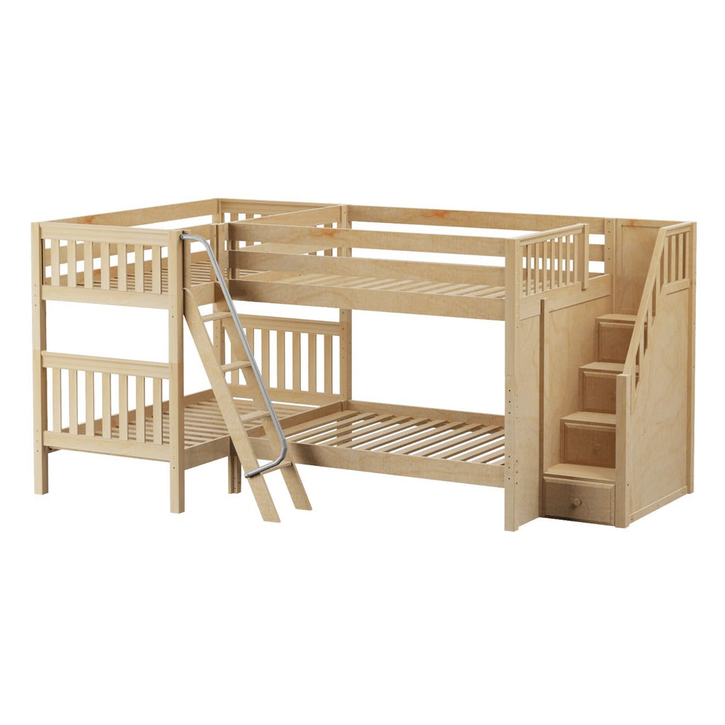 Light natural wood triple bunk bed with twin-over-twin slatted frames, built-in staircase with storage drawers and metal ladder, space-saving kids' bedroom furniture