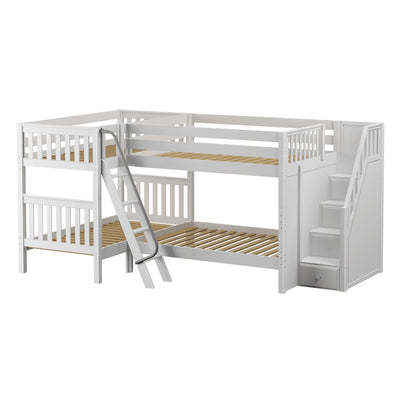 White L-shaped wooden bunk bed with staircase storage and metal ladder, space-saving kids' bedroom furniture with slatted twin-size frames