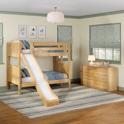 Kids bedroom with light-wood bunk bed and slide, blue bedding, wooden dresser, airplane wall art and striped Roman shades